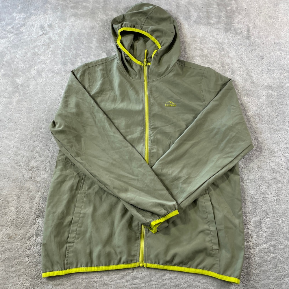 LL Bean Windbreaker Jacket Boys XL 18 Green Neon Ripstop Hooded Light School